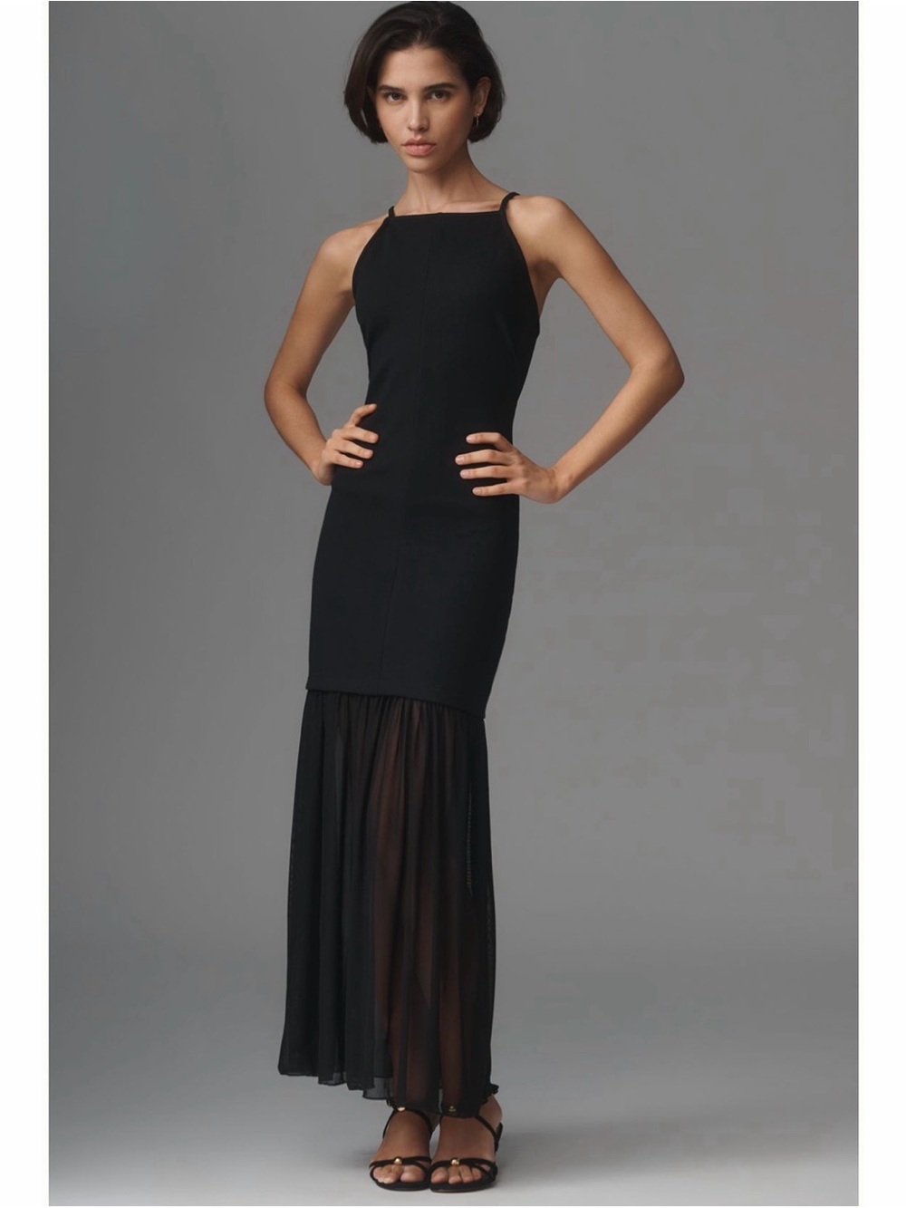 Anthropologie Black Sleeveless Halter Maxi Dress with Sheer Skirt NWT SZ L